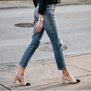 FOWT Beige Pointed Toe Pumps Chunky Heel Slingback Sandals Fashion Party Shoes